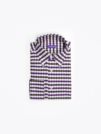 Patrick Hellmann CollectionWhite Purple Brown Shirt With Checks Gingham Patternimage985